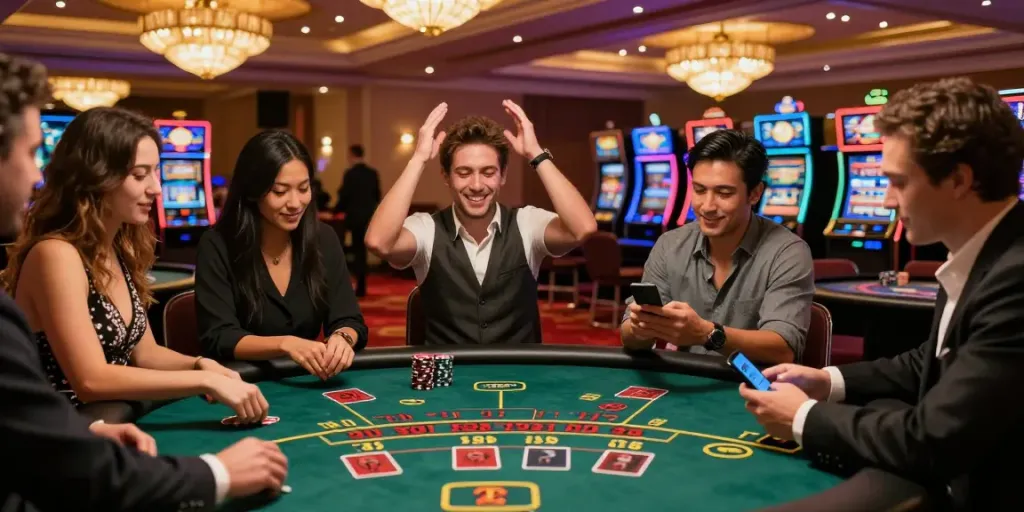 Scène de casino avec un groupe d'amis jouant au blackjack et célébrant leurs gains grâce à des bonus sans dépôt casino.