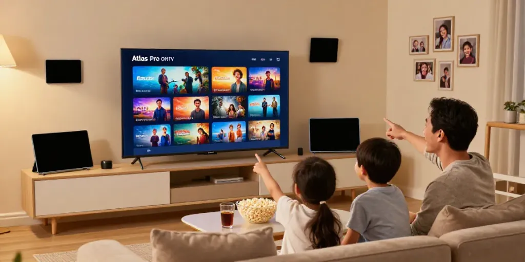 Profitez de l'application Atlas Pro ONTV avec la famille dans un salon chaleureux
