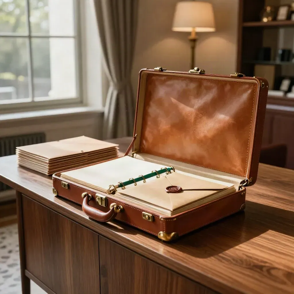 Valise en cuir ouverte avec cartes, enveloppes kraft et sceau de cire dans un bureau feutré.