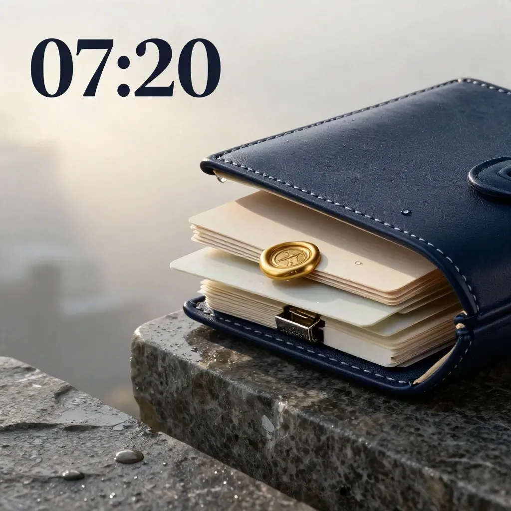 Portfolio en cuir bleu nuit, cartes crème, sceau doré et pierre humide sous l’aube.