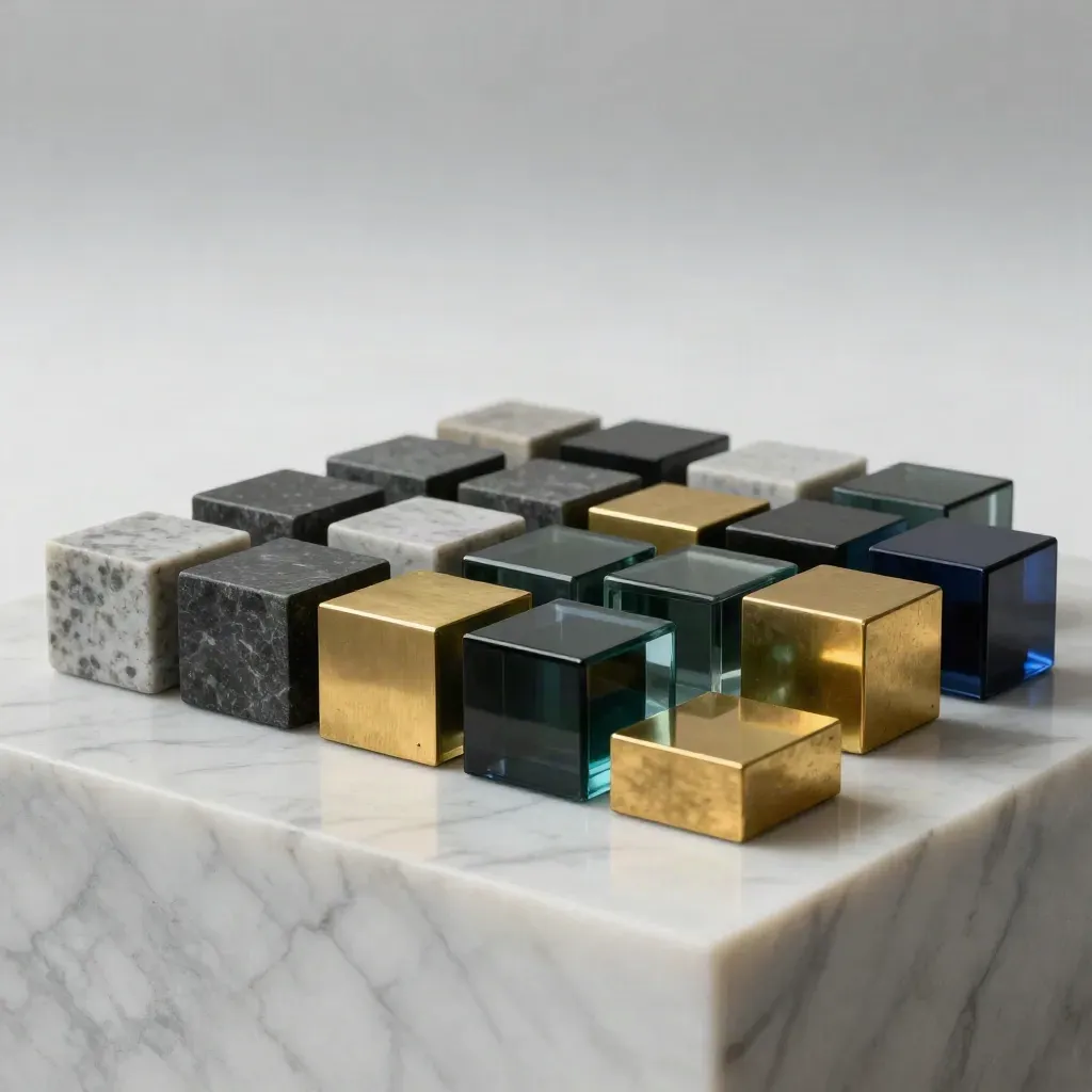 Cubes de pierre, verre fumé et laiton sur marbre clair, répartition de portefeuille stabilisée.