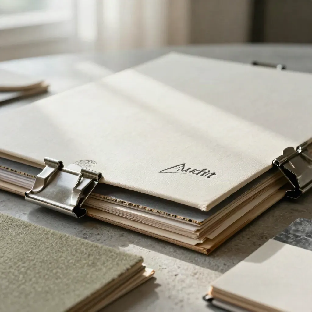 Dossier d’audit fermé, pinces métalliques et échantillons de matière sur une table minérale.