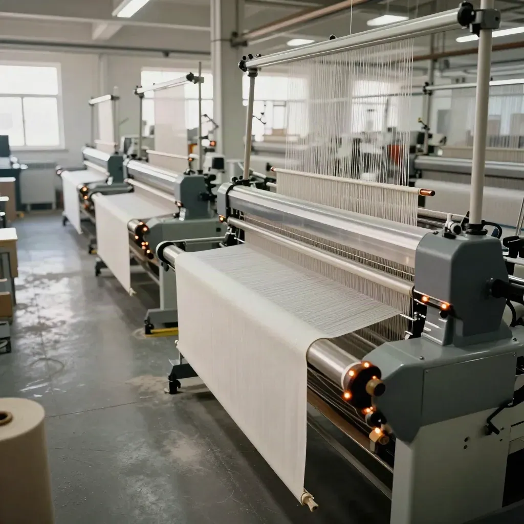 Usine textile moderne avec métiers à tisser en marche, rouleaux de tissu crème et allées propres.