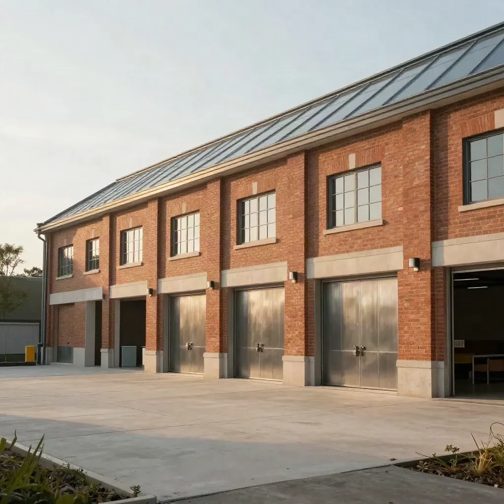 Bâtiment industriel rénové en brique chaude, verrières neuves et quai propre sous une lumière douce.