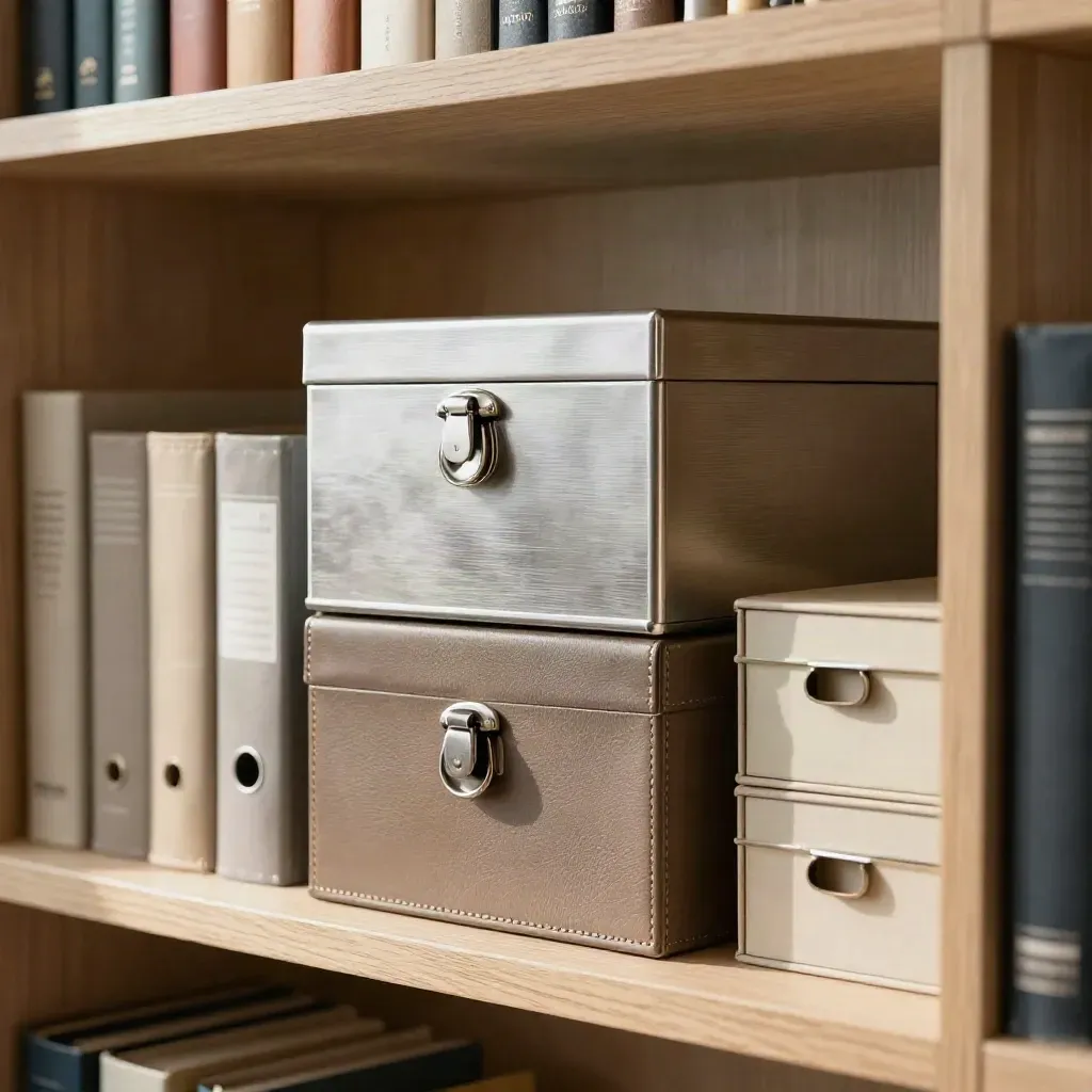 Boîtes d’archives et coffres sur une bibliothèque en chêne, lumière douce et ambiance premium.