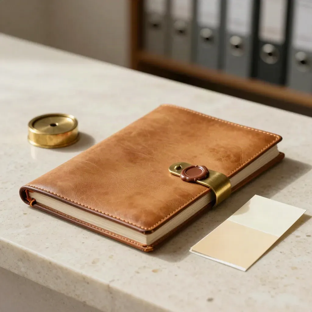 Carnet de conseil en cuir, sceau de cire et laiton sur travertin clair.