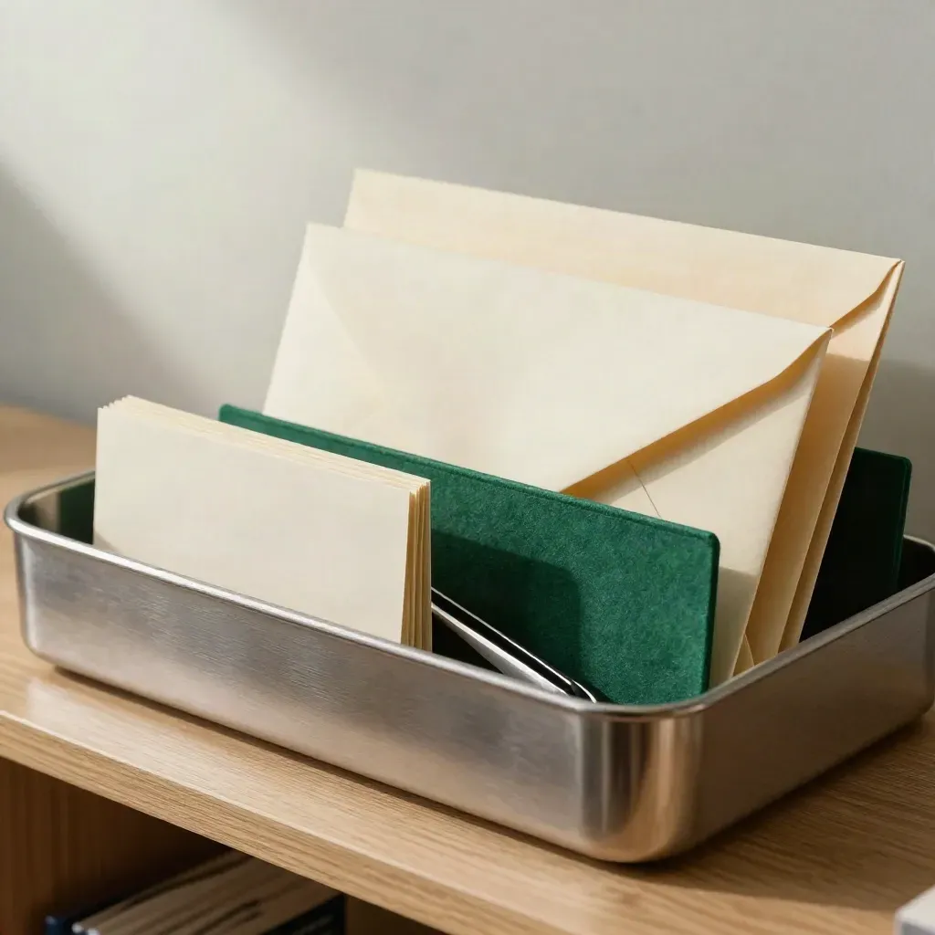 Tri de courrier premium sur bac métallique, enveloppes crème et pinces fines, lumière douce