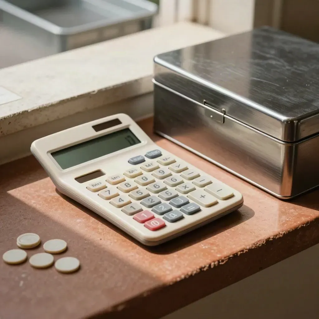 Calculatrice, jetons ivoire et boîtier métal sur une surface terracotta, ambiance analytique premium.