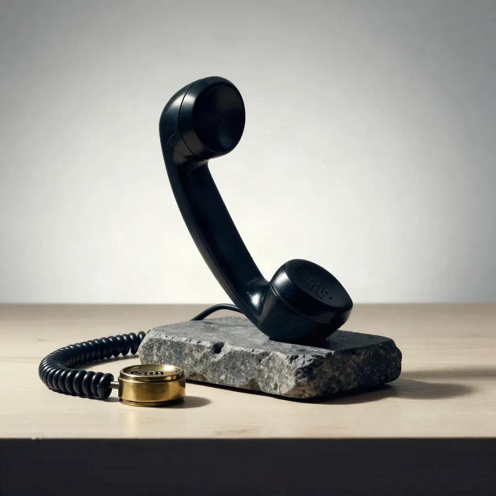 Combiné téléphonique noir à moitié décroché sur socle en pierre, avec bouton d’appel en laiton.