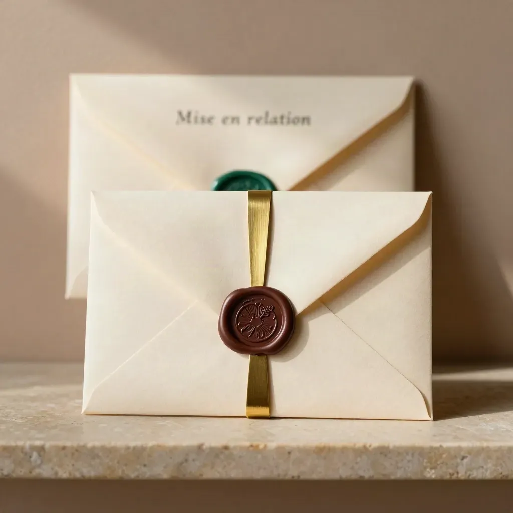 Deux enveloppes crème scellées à la cire, reliées par une pince en laiton, sur une pierre claire.