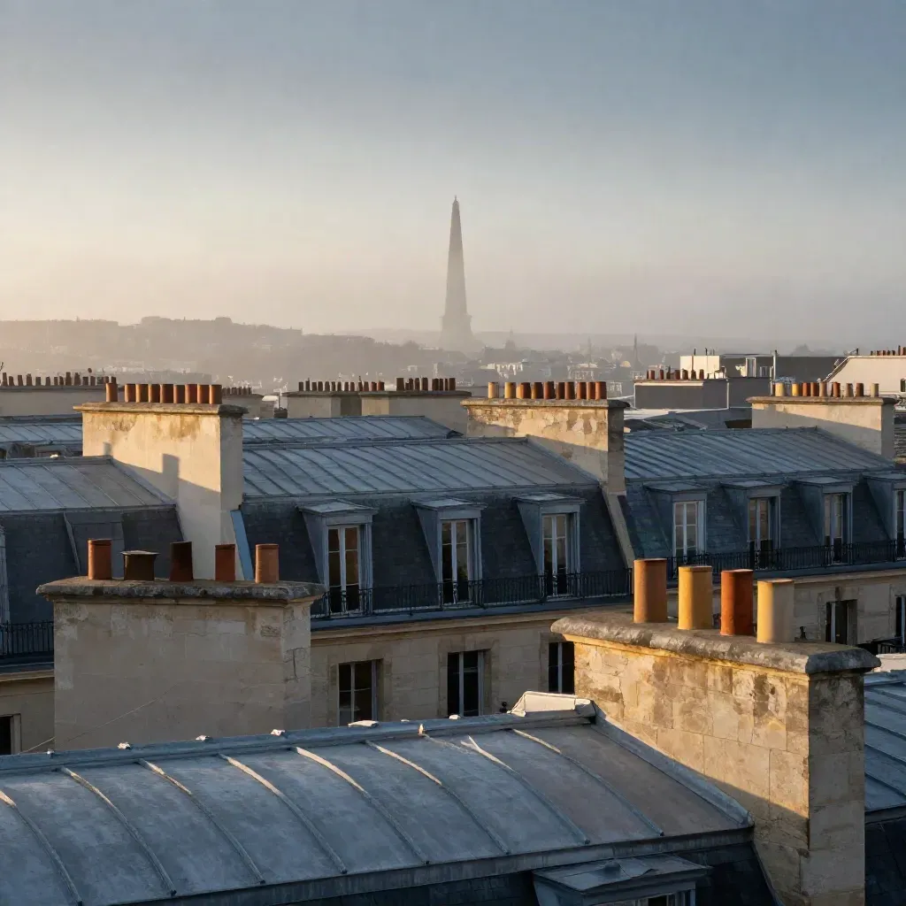 Toits en zinc de Paris à l’aube, monument lointain dans une brume dorée.