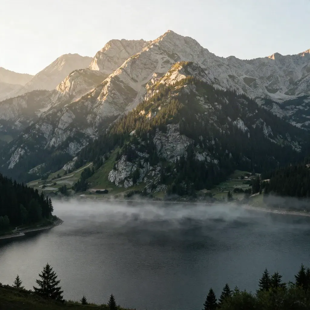 Vallée alpine brumeuse avec lac sombre, pentes boisées et crêtes claires au lever du jour.