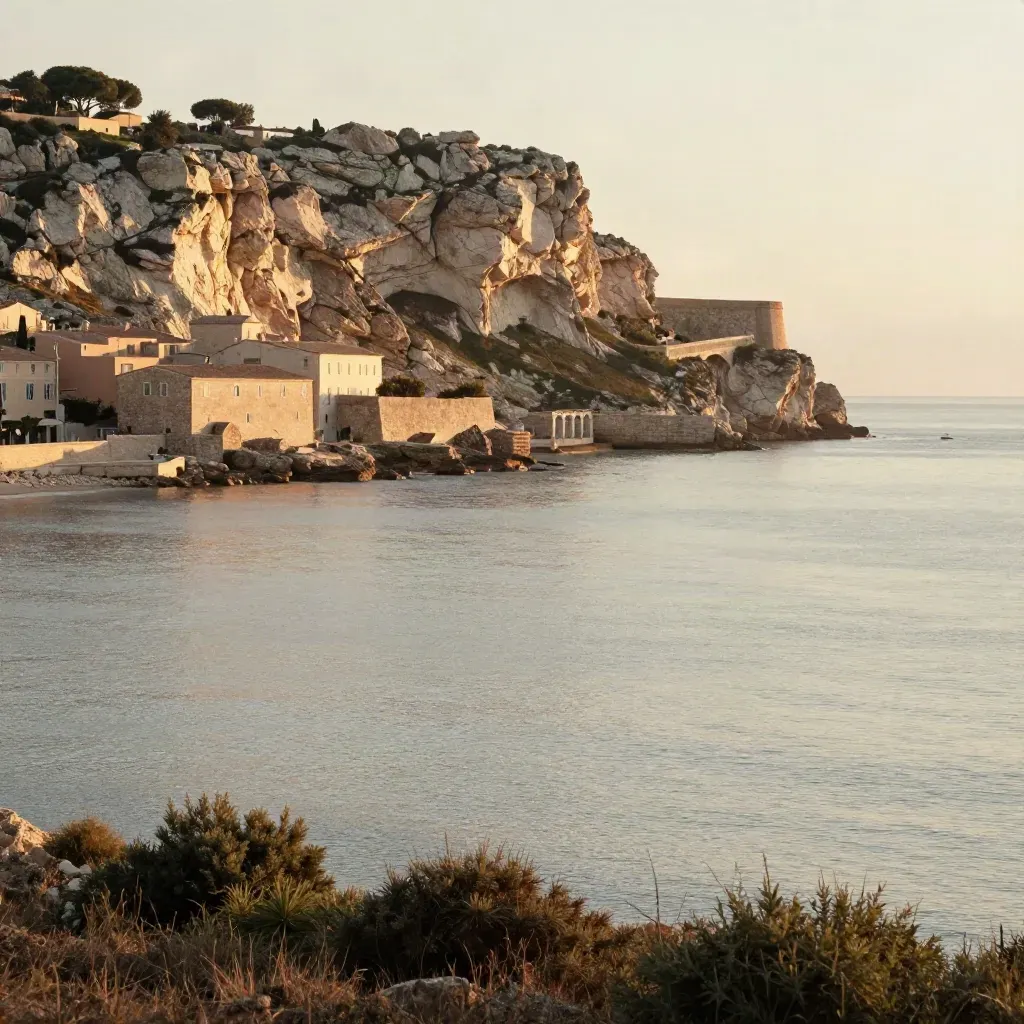 Falaises calcaires et rade méditerranéenne au soleil doré, toits pâles et mer lisse.