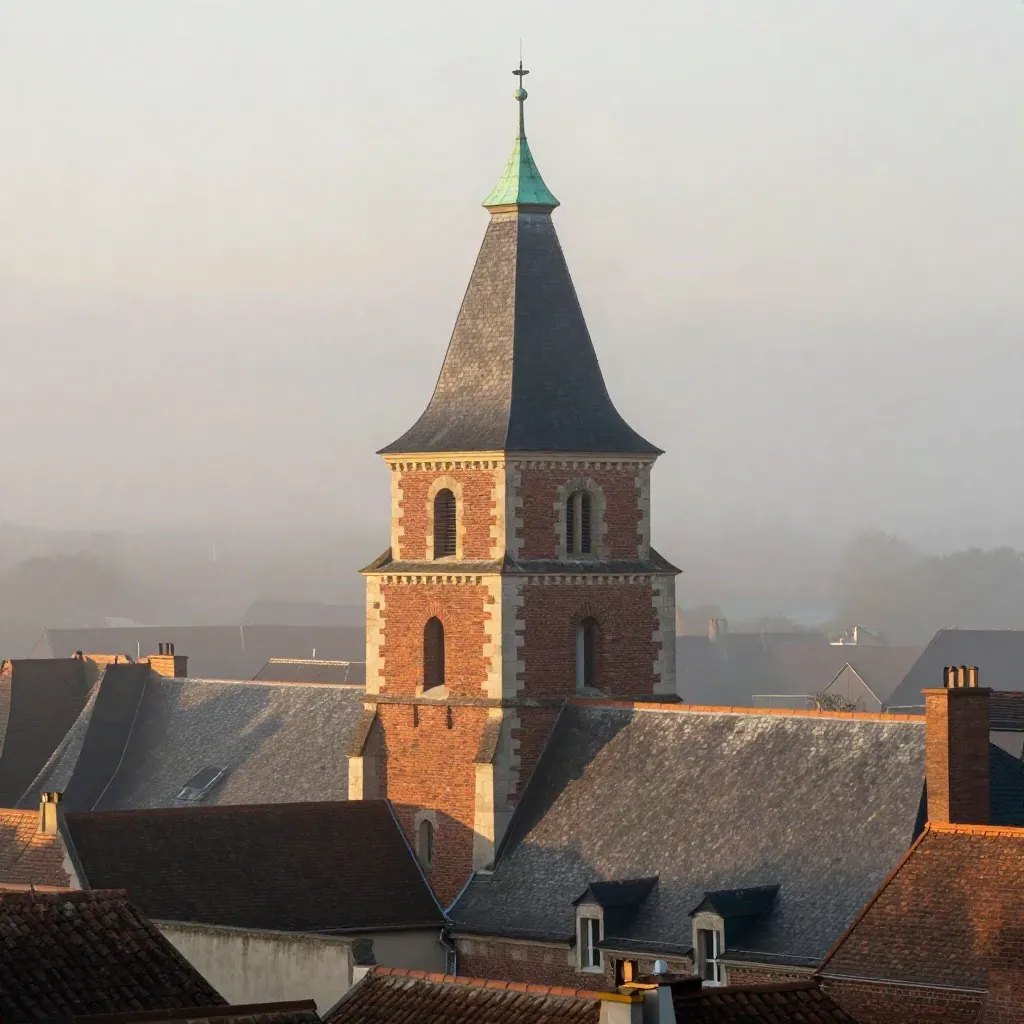 Beffroi de briques et toits flamands émergeant d’une brume matinale à Lille.