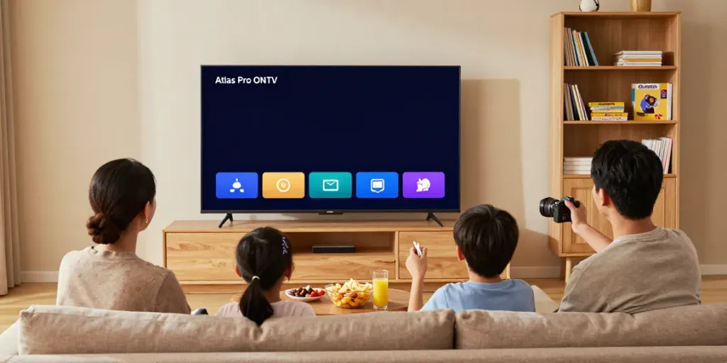 Famille profitant de l'application Atlas Pro ONTV dans un salon confortable.